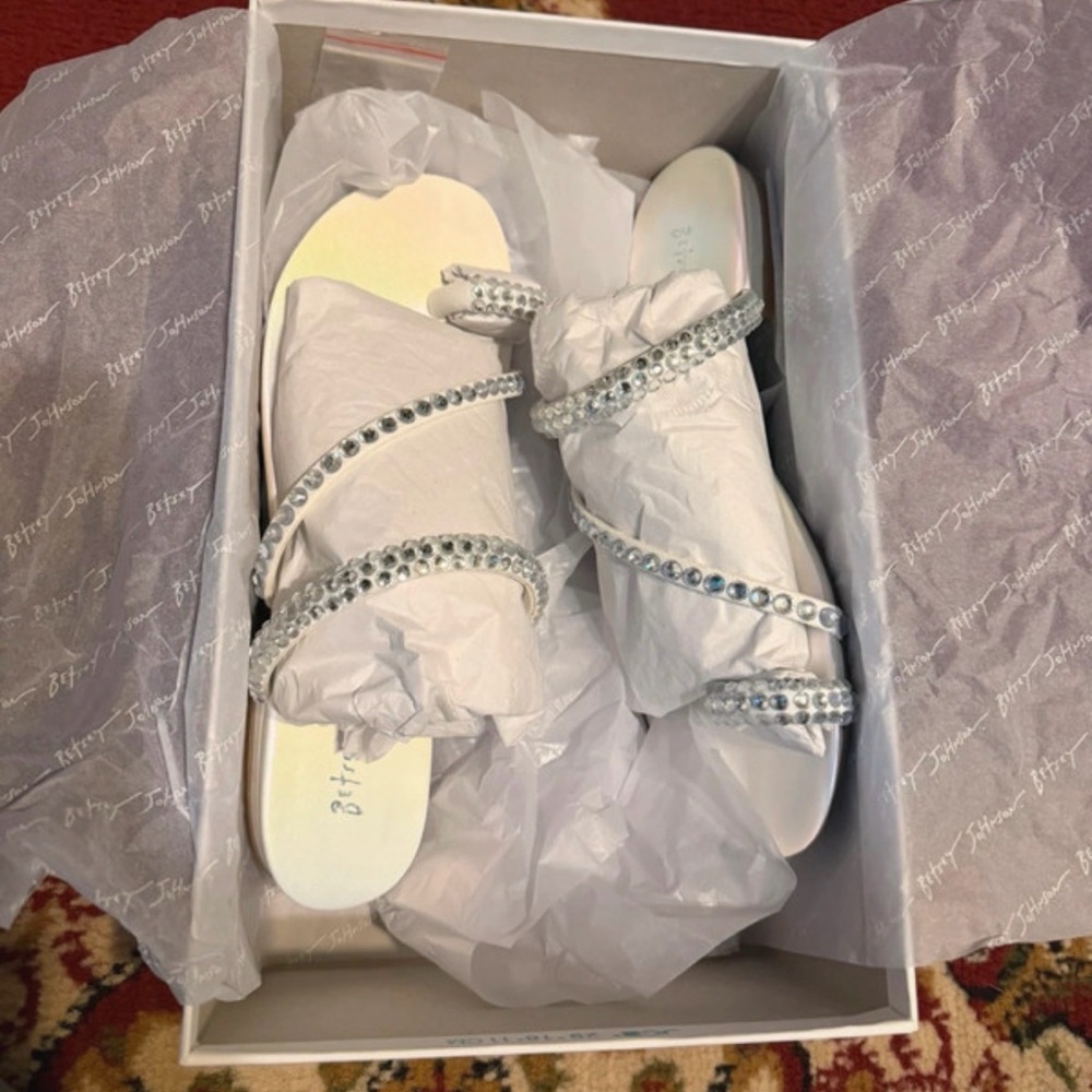 Betsey Johnson White Jeweled Strappy Slide Sandals - Picture 6 of 11